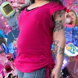 vtg y2k Op 100% cotton ruched side tie knit top with pocket, sz xl